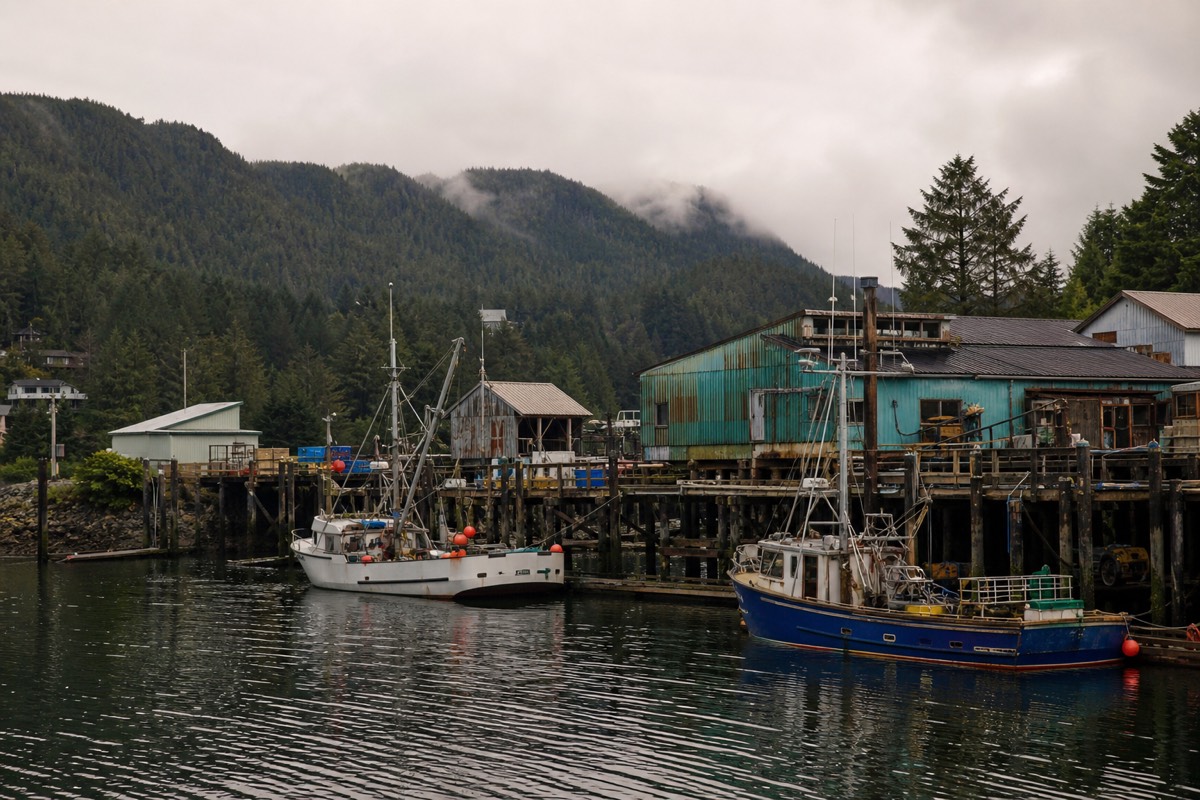 The harbour and town of Ucluelet on the west coast of Vancouver Island