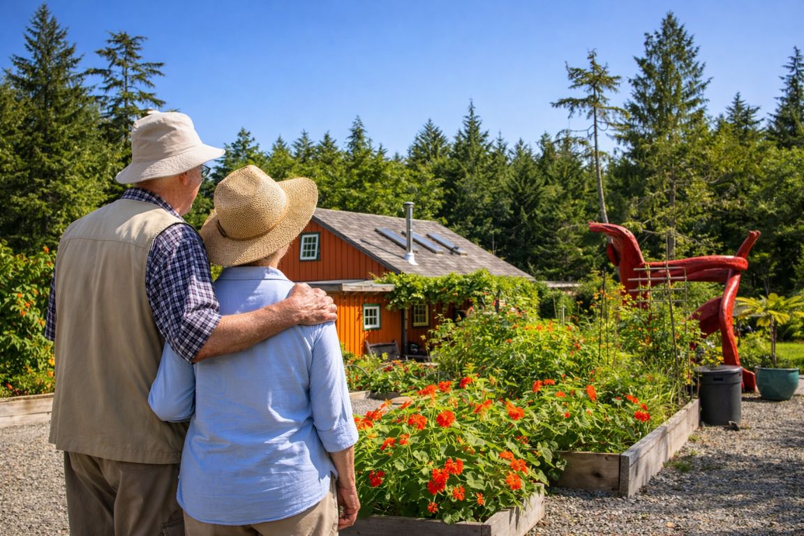 Tofino Botanical Gardens with colorful plants and couple enjoying nature during a tour with Tofino Tour Packages