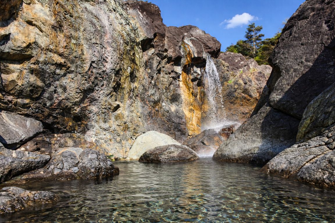 Scenic Hot Springs Cove with rocky cliffs and cascading water in Tofino captured during Tofino Tour Packages experience