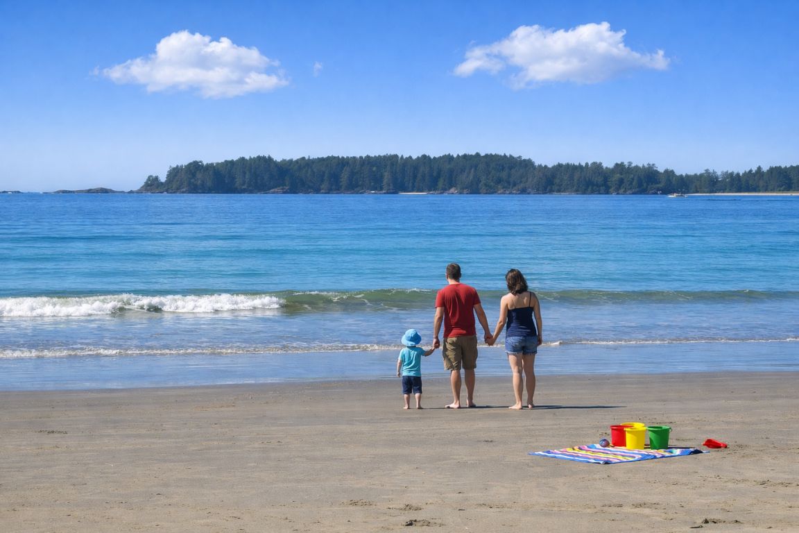 Family with child walking along MacKenzie Beach shoreline in Tofino during a tour with Tofino Tour Packages