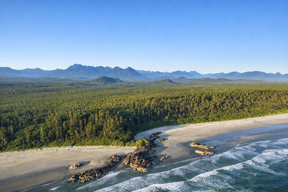 Beautiful coastline of Pacific Rim National Park Reserve with mountains and forest in Tofino during a guided tour with Tofino Tour Packages