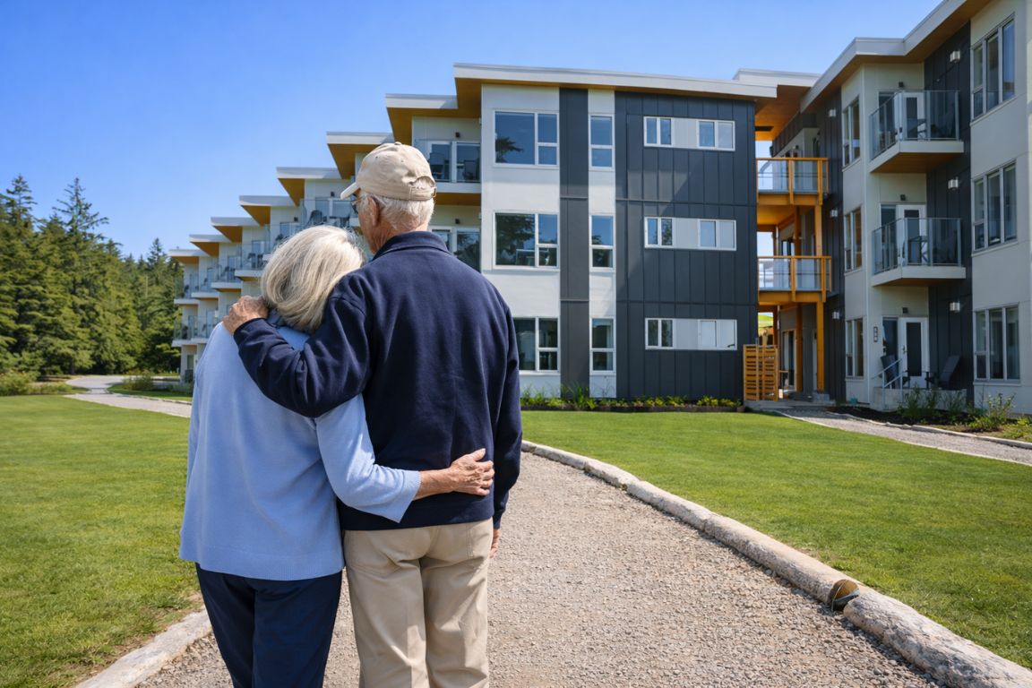 Senior couple walking near Pacific Sands Beach Resort in Tofino during a tour with Tofino Tour Packages