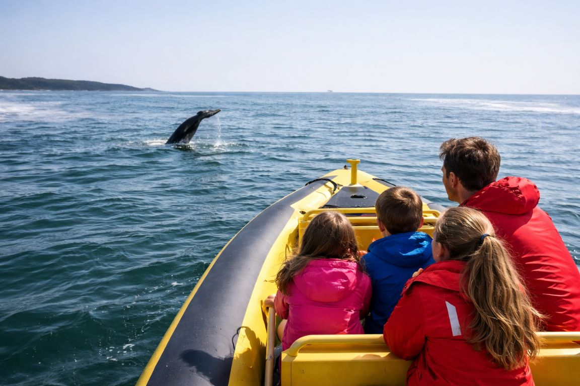 Family enjoying whale watching tour in Tofino with whale surfacing nearby during Tofino Tour Packages excursion